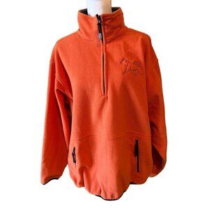 Devon & Jones Men's Sz Large Fleece Sweater Orange 2 Pockets 1/4 Zip Husky Dog